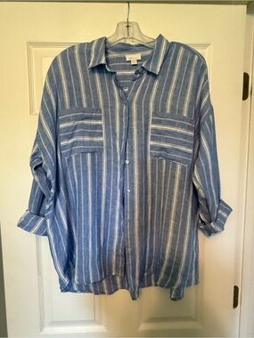 J. Jill Love Linen Blue & White Vertical Stripe Button-Front Shirt